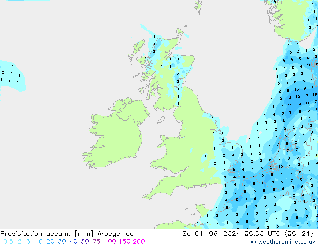 Precipitation accum. Arpege-eu сб 01.06.2024 06 UTC