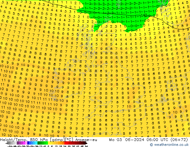 Yükseklik/Sıc. 850 hPa Arpege-eu Pzt 03.06.2024 06 UTC