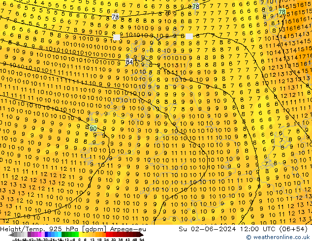 Hoogte/Temp. 925 hPa Arpege-eu zo 02.06.2024 12 UTC