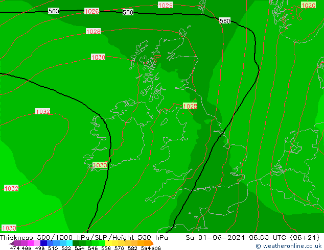 Schichtdicke 500-1000 hPa Arpege-eu Sa 01.06.2024 06 UTC