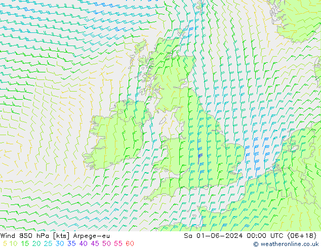 ветер 850 гПа Arpege-eu сб 01.06.2024 00 UTC