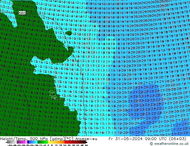 Hoogte/Temp. 500 hPa Arpege-eu vr 31.05.2024 09 UTC