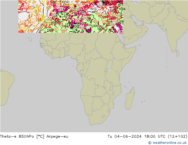 Theta-e 850hPa Arpege-eu Tu 04.06.2024 18 UTC