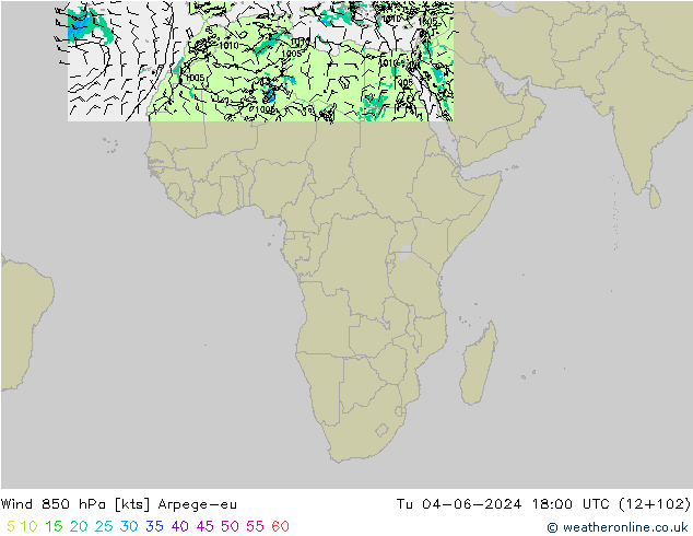 Wind 850 hPa Arpege-eu Tu 04.06.2024 18 UTC