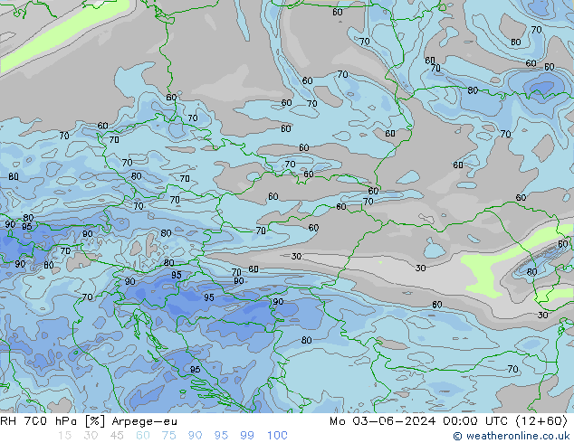 Humedad rel. 700hPa Arpege-eu lun 03.06.2024 00 UTC