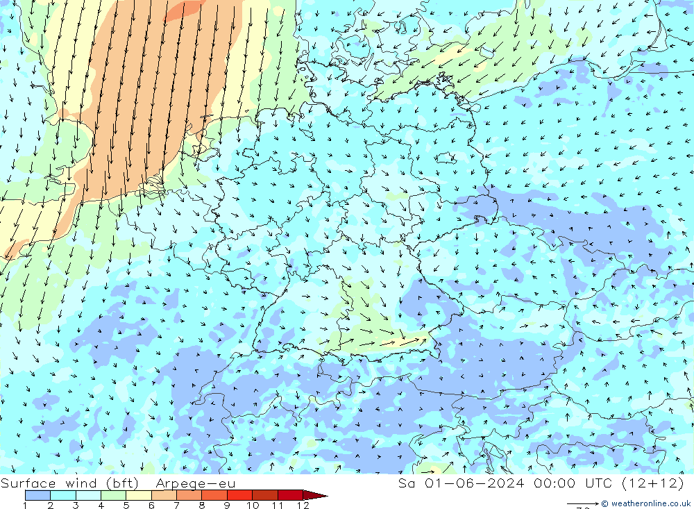 Wind 10 m (bft) Arpege-eu za 01.06.2024 00 UTC