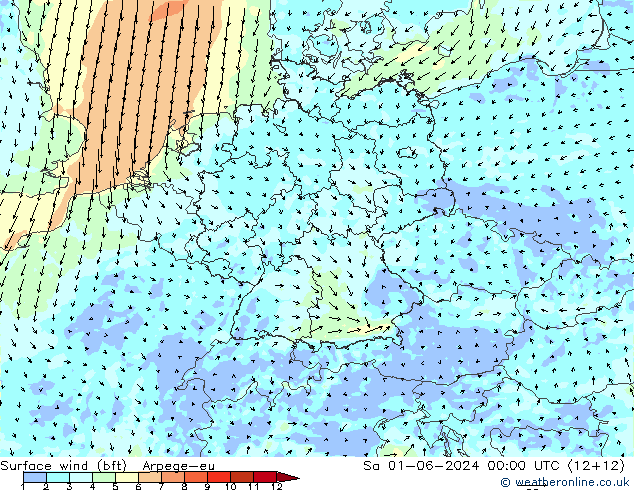 Bodenwind (bft) Arpege-eu Sa 01.06.2024 00 UTC