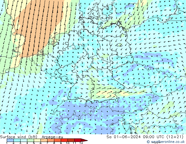 Wind 10 m (bft) Arpege-eu za 01.06.2024 09 UTC