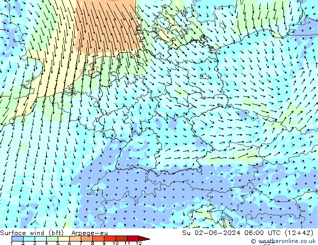 Viento 10 m (bft) Arpege-eu dom 02.06.2024 06 UTC