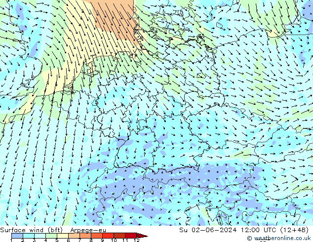 Rüzgar 10 m (bft) Arpege-eu Paz 02.06.2024 12 UTC