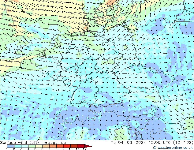 Wind 10 m (bft) Arpege-eu di 04.06.2024 18 UTC