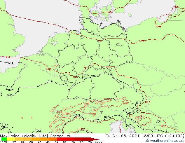 Max. wind velocity Arpege-eu Tu 04.06.2024 18 UTC