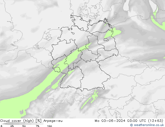 Cloud cover (high) Arpege-eu Mo 03.06.2024 03 UTC