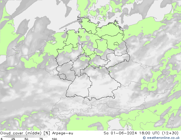 Cloud cover (middle) Arpege-eu Sa 01.06.2024 18 UTC