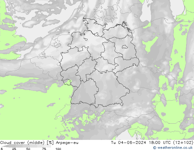 Cloud cover (middle) Arpege-eu Tu 04.06.2024 18 UTC