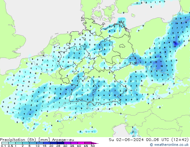 осадки (6h) Arpege-eu Вс 02.06.2024 06 UTC