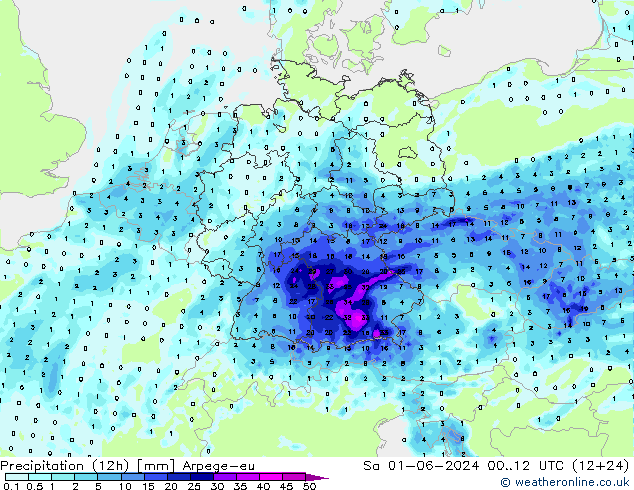 Totale neerslag (12h) Arpege-eu za 01.06.2024 12 UTC