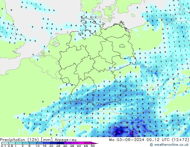 Precipitation (12h) Arpege-eu Mo 03.06.2024 12 UTC
