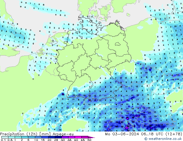 Precipitation (12h) Arpege-eu Mo 03.06.2024 18 UTC