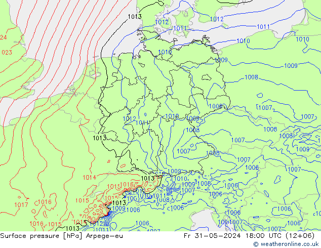 Pressione al suolo Arpege-eu ven 31.05.2024 18 UTC