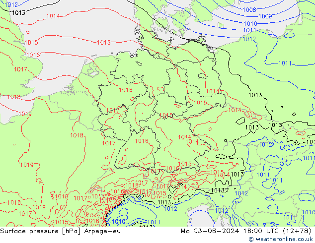 Surface pressure Arpege-eu Mo 03.06.2024 18 UTC