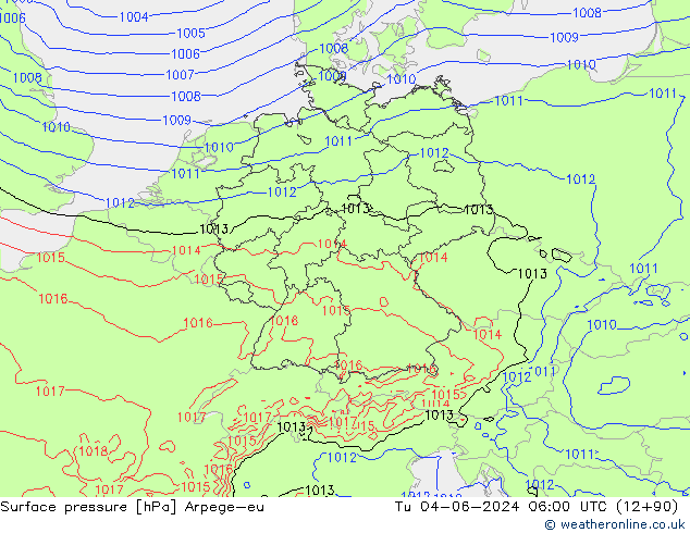 Surface pressure Arpege-eu Tu 04.06.2024 06 UTC