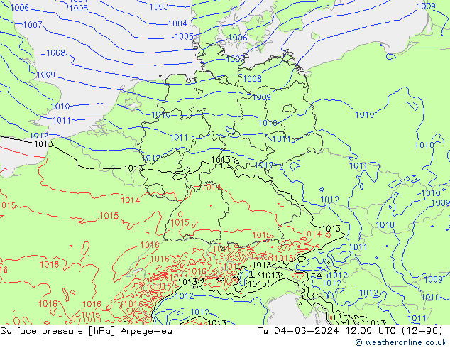 Surface pressure Arpege-eu Tu 04.06.2024 12 UTC