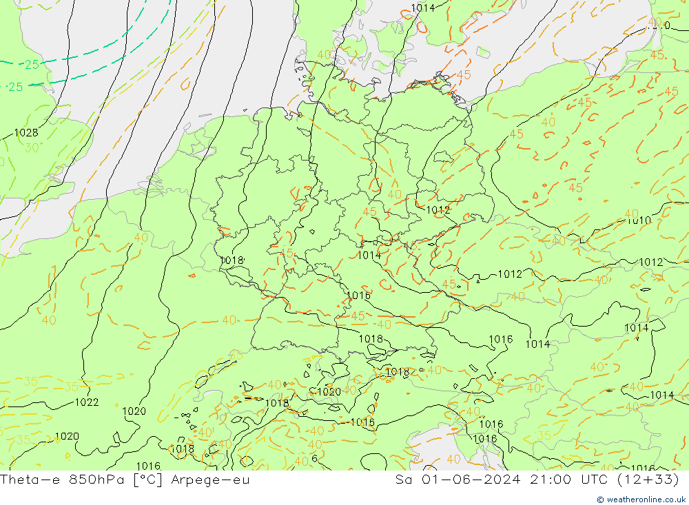 Theta-e 850hPa Arpege-eu sam 01.06.2024 21 UTC