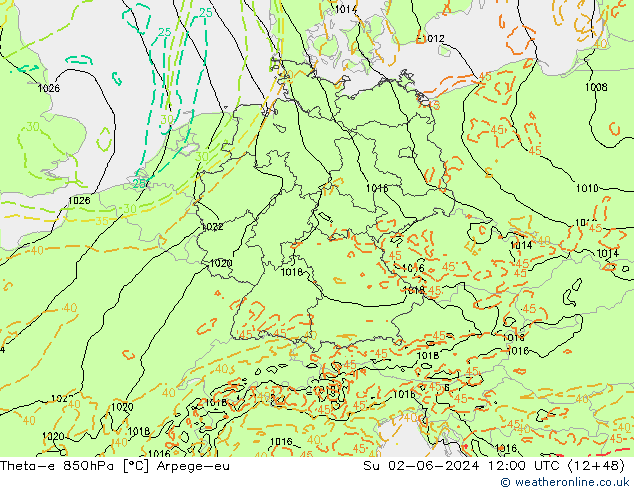 Theta-e 850hPa Arpege-eu dom 02.06.2024 12 UTC