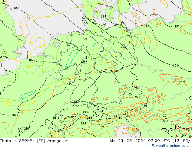 Theta-e 850hPa Arpege-eu Mo 03.06.2024 03 UTC