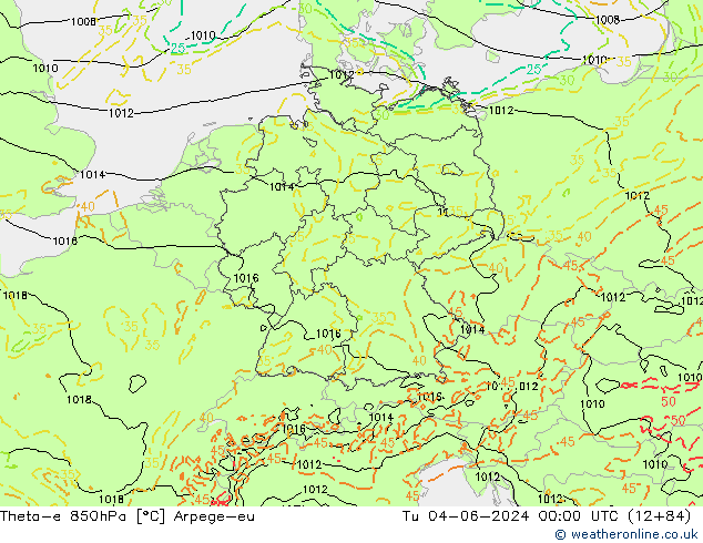 Theta-e 850hPa Arpege-eu Di 04.06.2024 00 UTC