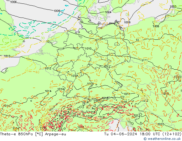 Theta-e 850hPa Arpege-eu Sa 04.06.2024 18 UTC