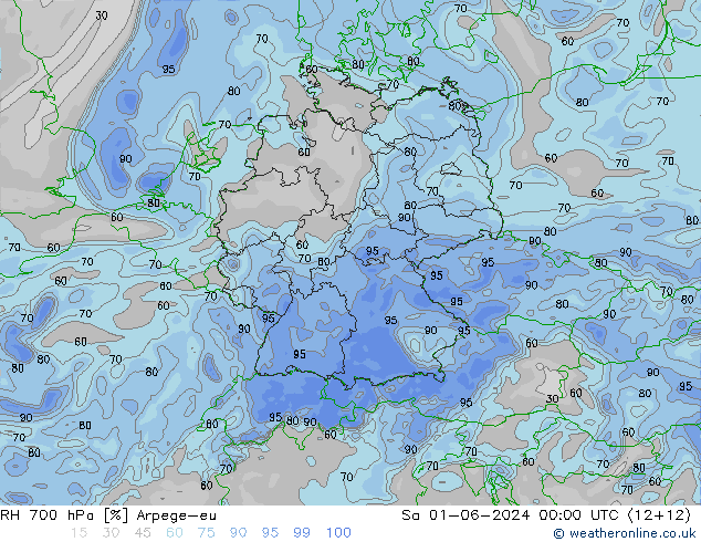 RH 700 hPa Arpege-eu Sa 01.06.2024 00 UTC