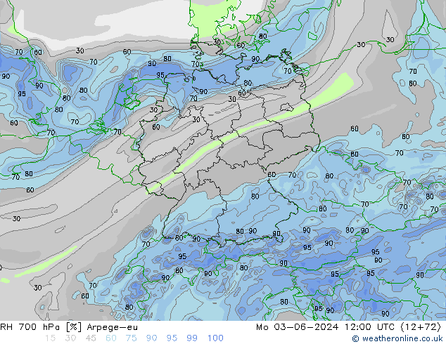 RH 700 hPa Arpege-eu Mo 03.06.2024 12 UTC