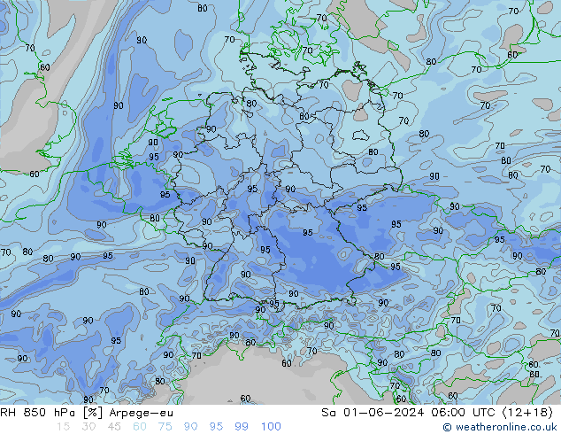 Humedad rel. 850hPa Arpege-eu sáb 01.06.2024 06 UTC