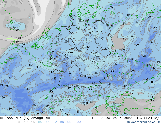 Humidité rel. 850 hPa Arpege-eu dim 02.06.2024 06 UTC