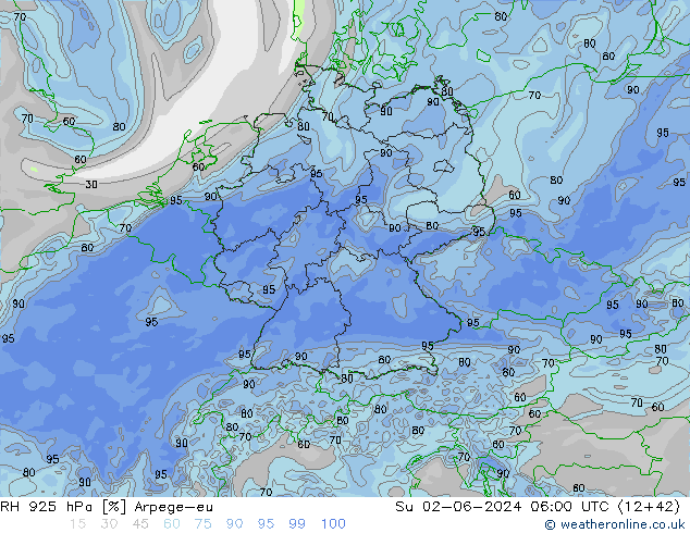 RH 925 hPa Arpege-eu Su 02.06.2024 06 UTC