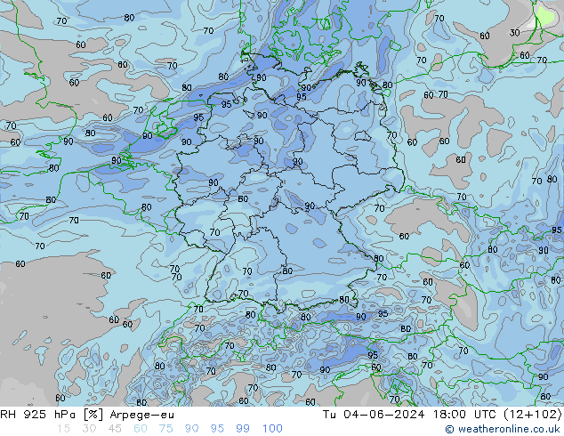Humidité rel. 925 hPa Arpege-eu mar 04.06.2024 18 UTC