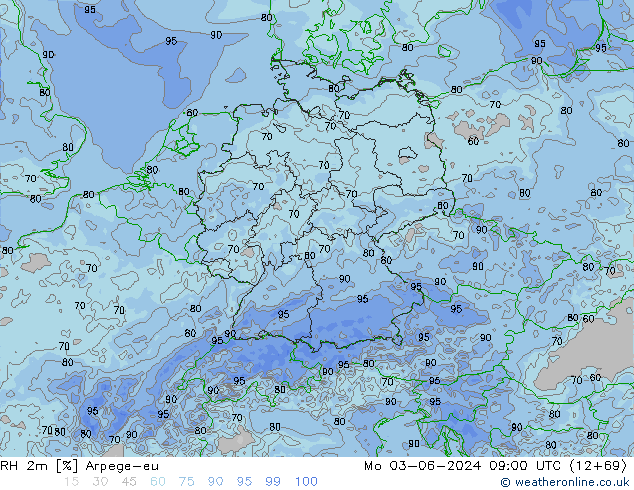 Humidité rel. 2m Arpege-eu lun 03.06.2024 09 UTC