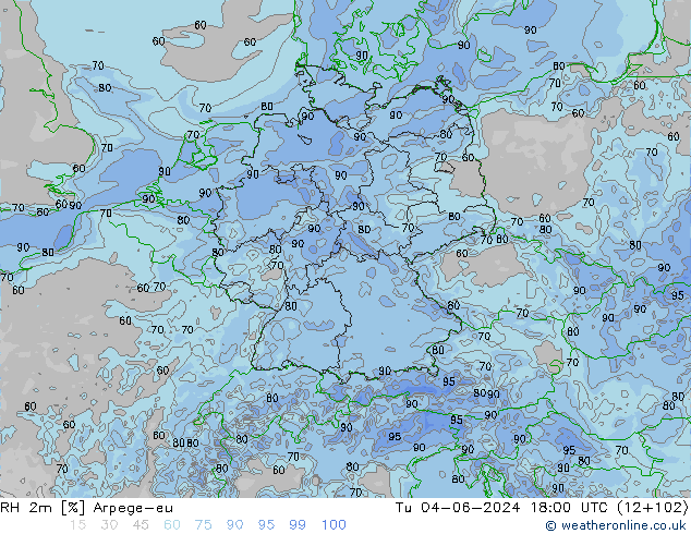 Humidité rel. 2m Arpege-eu mar 04.06.2024 18 UTC
