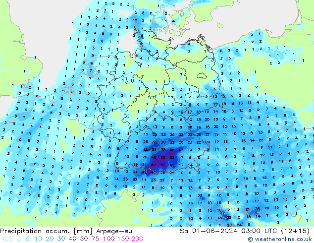 Precipitación acum. Arpege-eu sáb 01.06.2024 03 UTC