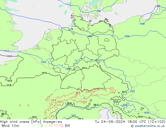 High wind areas Arpege-eu  04.06.2024 18 UTC