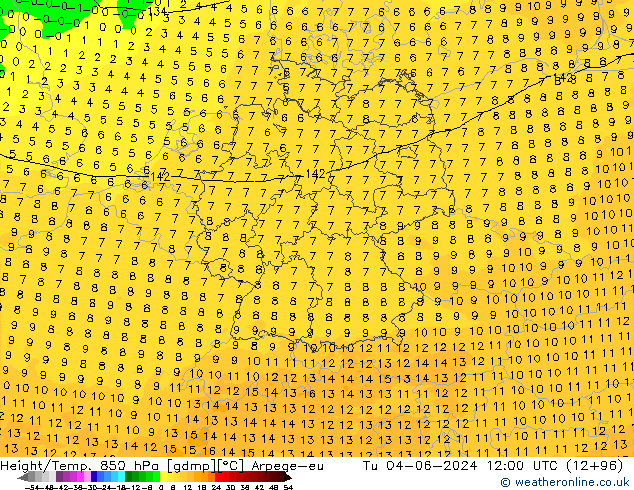 Height/Temp. 850 hPa Arpege-eu Tu 04.06.2024 12 UTC