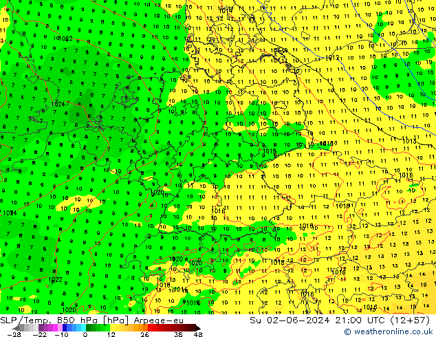 SLP/Temp. 850 hPa Arpege-eu nie. 02.06.2024 21 UTC