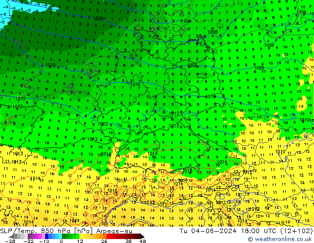 SLP/Temp. 850 гПа Arpege-eu вт 04.06.2024 18 UTC