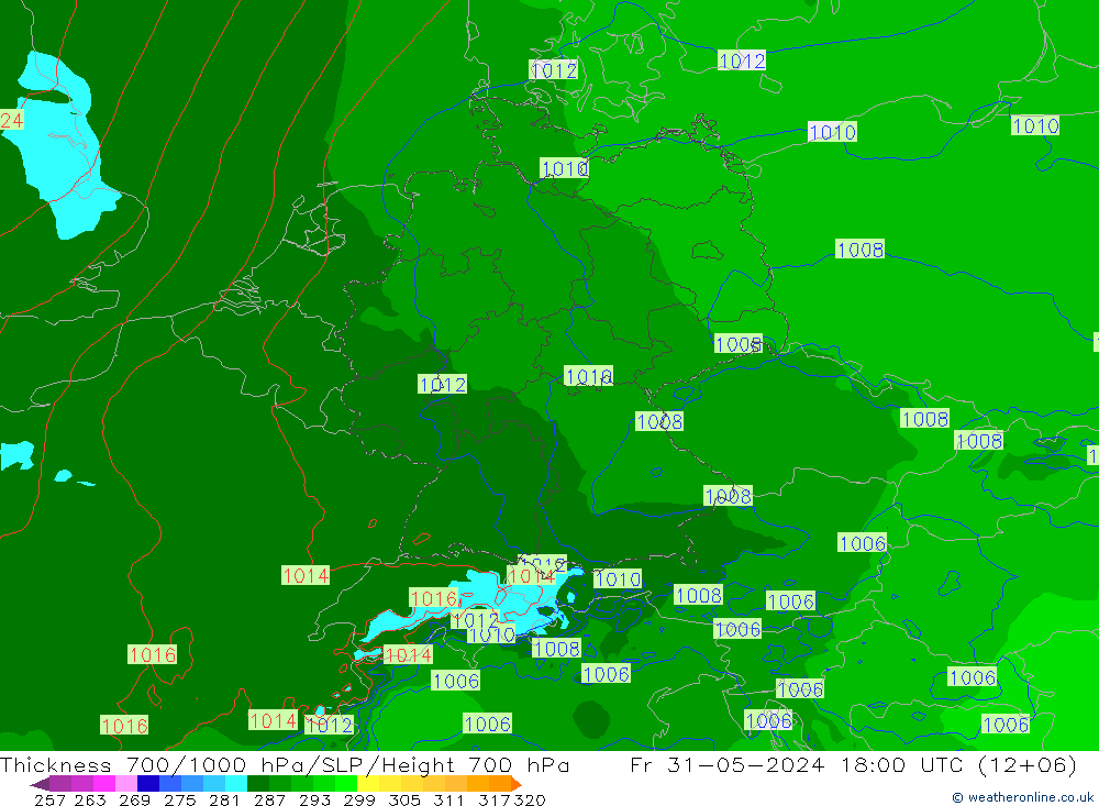 Thck 700-1000 hPa Arpege-eu ven 31.05.2024 18 UTC