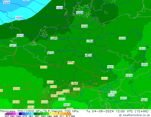 Thck 700-1000 гПа Arpege-eu вт 04.06.2024 12 UTC