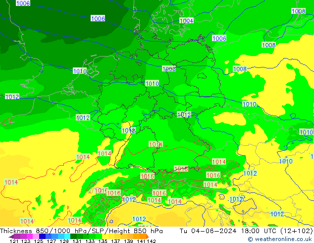 Dikte 850-1000 hPa Arpege-eu di 04.06.2024 18 UTC