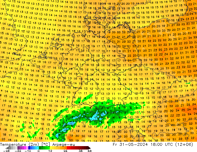 Temperaturkarte (2m) Arpege-eu Fr 31.05.2024 18 UTC