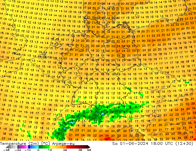 Temperatura (2m) Arpege-eu sab 01.06.2024 18 UTC